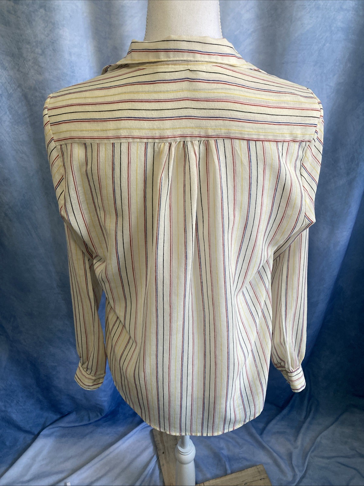 Vtg 70s SHAPELY Striped Blouse Sheer Dagger Collar Secretary Mod Disco Top Sz 12
