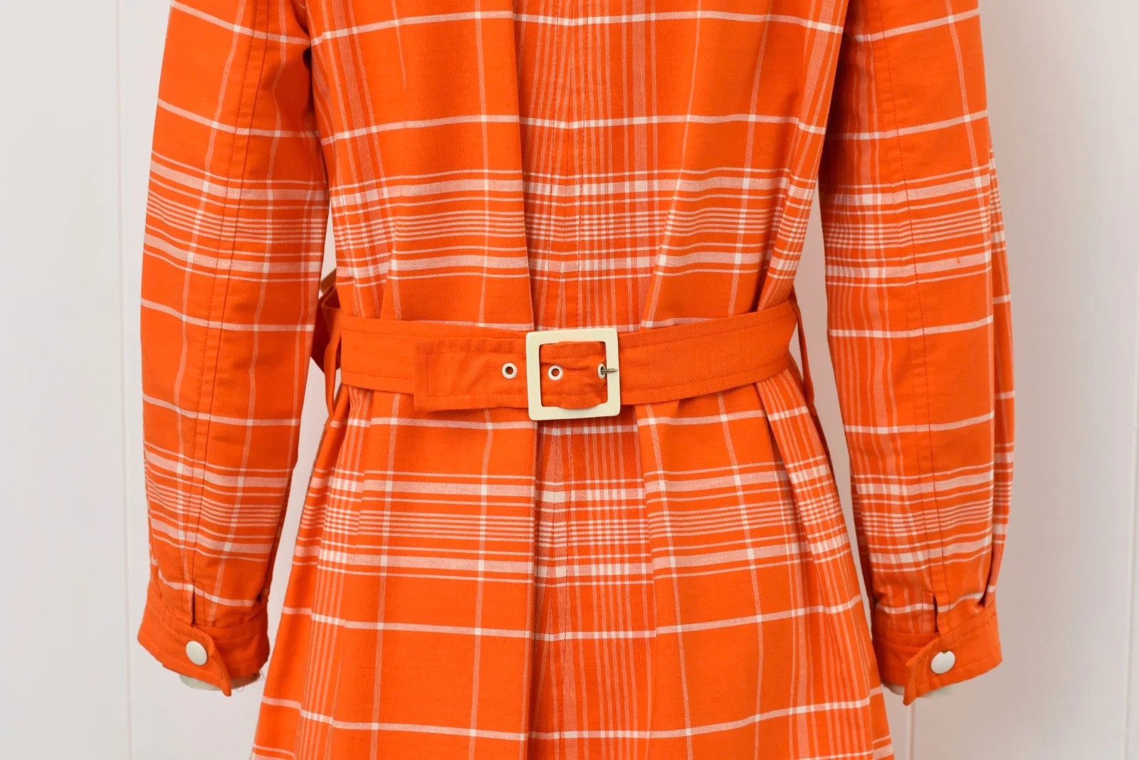1970s Courreges Hyperbole Orange White Plaid Cotton Coat Jacket Dress