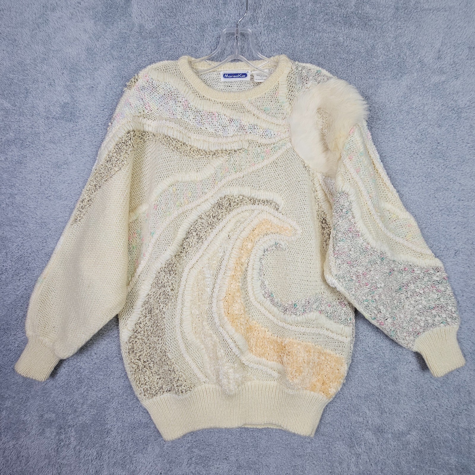 Vtg 80s Mariea Kim Sweater L Beige 3D Textured Applique Dolman Sleeve Artwork