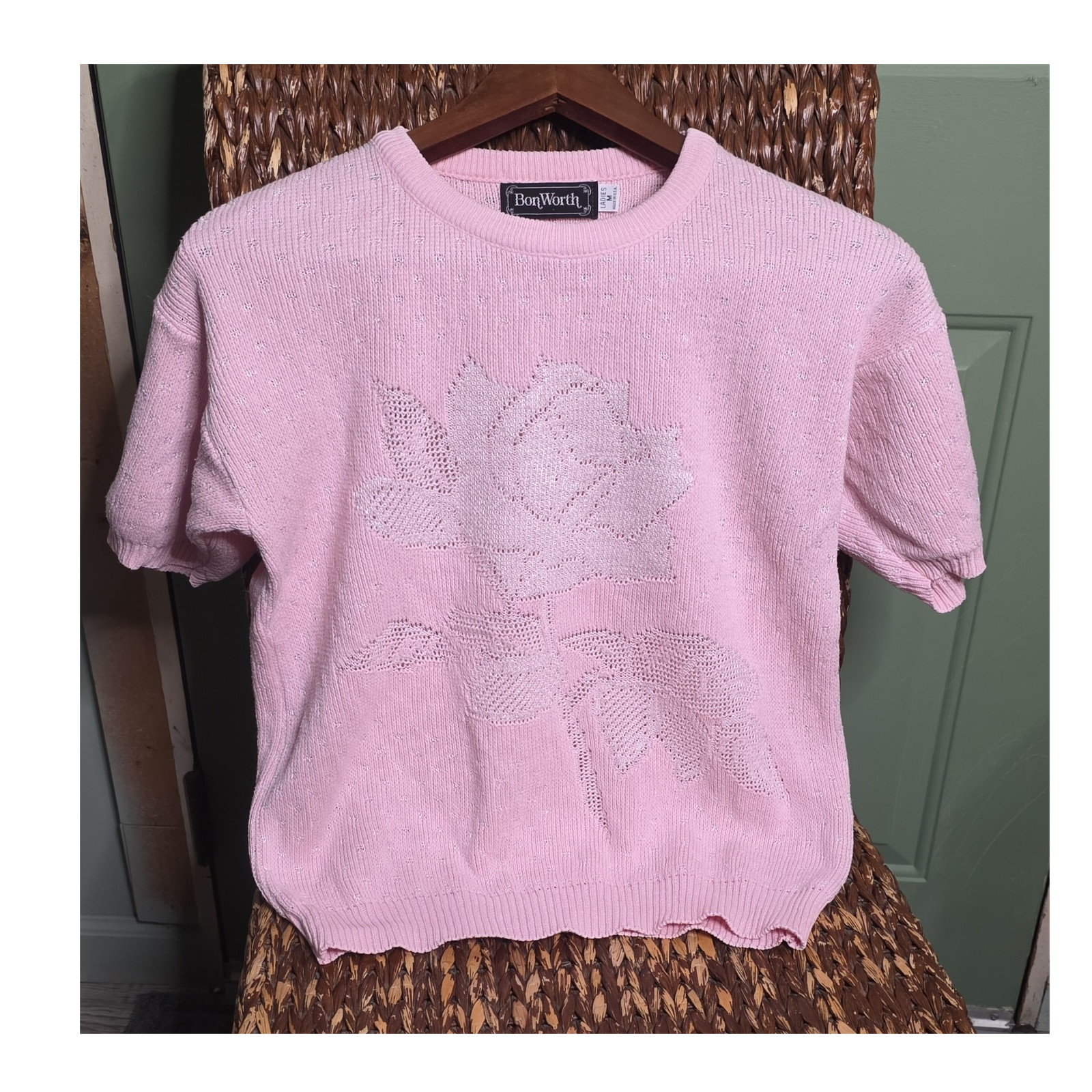 BonWorth Pink Floral Knit Short Sleeve Sweater,Cottage/Grandma Core Vintage