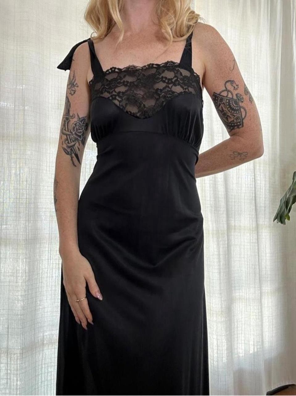 Vintage 70s black lace slip dress tie shoulders nightgown lingerie