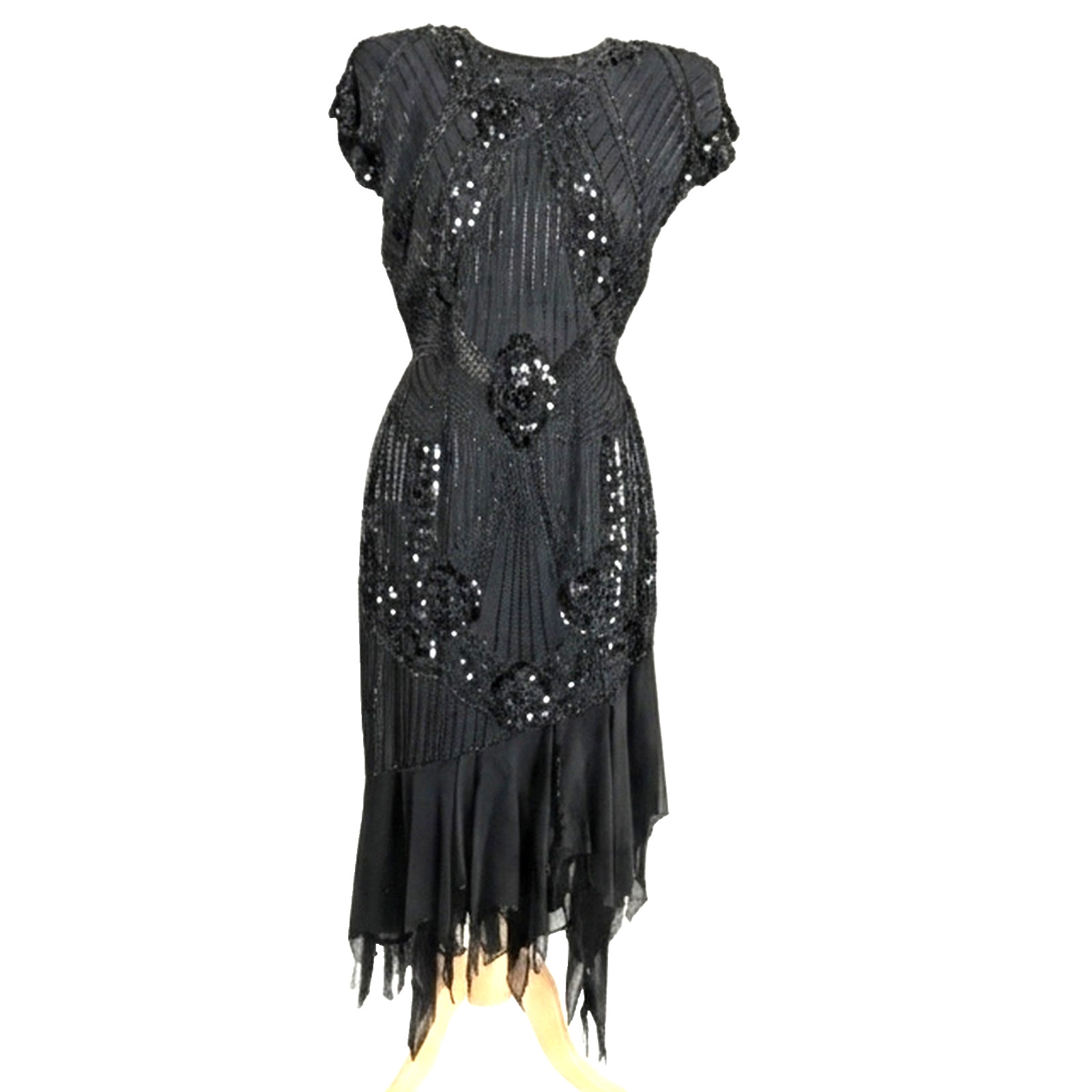 Vintage 1980s Gunit Black Silk Beaded Cocktail Dress, Sequined Asymmetrical