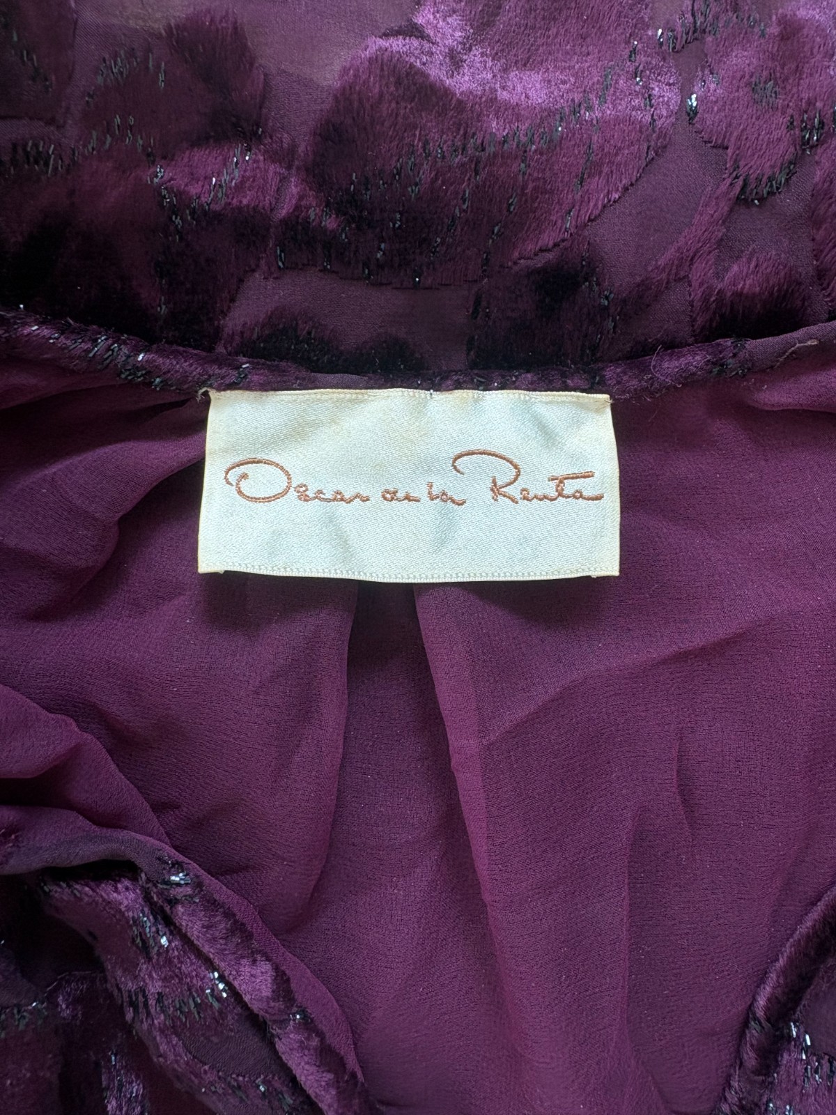 VTG 1977 Oscar de la Renta Burgundy Devoré Tassel Blouse & Skirt Set