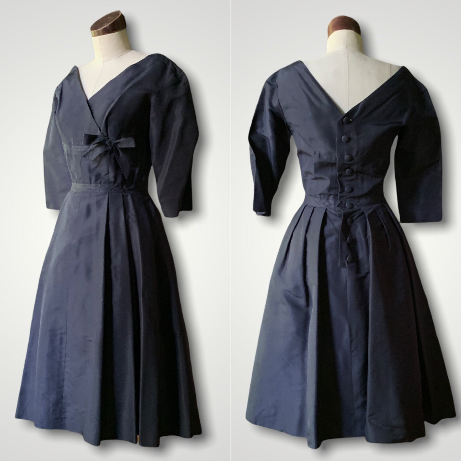 Rare LARRY ALDRICH Vtg COUTURE 50s Silk Taffeta Bow & Button Cocktail Dress