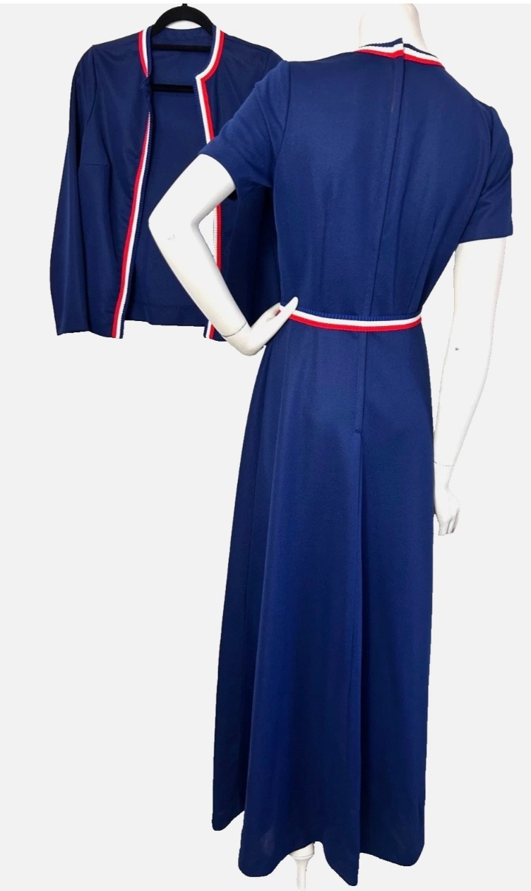 70s Maxi Dress w/Jacket Size Small Blue Red White Trim Belt Crew Short Sleeve