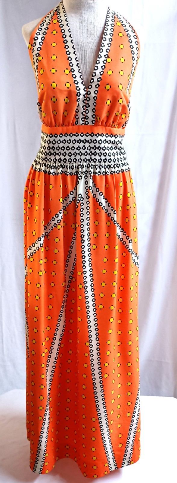 Vtg 60&rsquo;s- 70s Kiva Ltd Orange Multi Dot Print Halter Maxi Dress Vintage Size 14