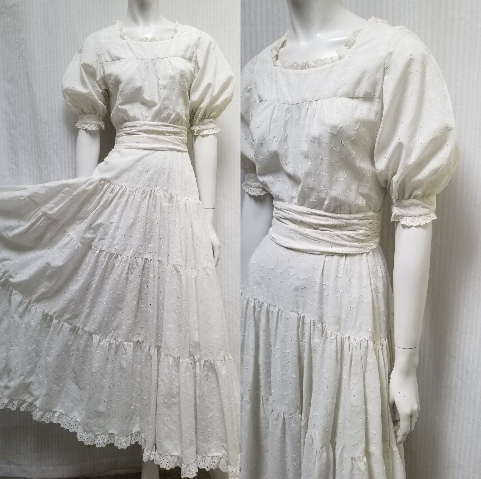 AMAZING Vintage 1970’s White Eyelet Tiered Maxi Dress with Belt – Size 2XS/ XS