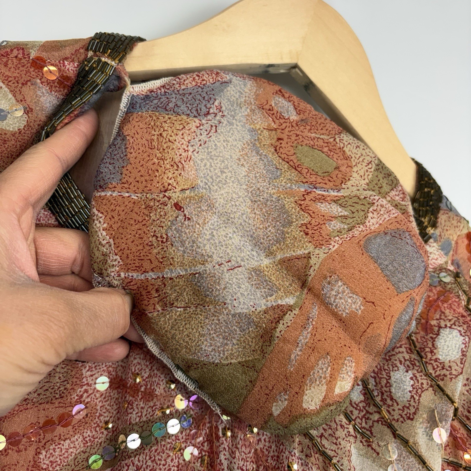 Vtg Judith Ann Creations Sequin 100% Abstract Silk India Long Sleeve Dress