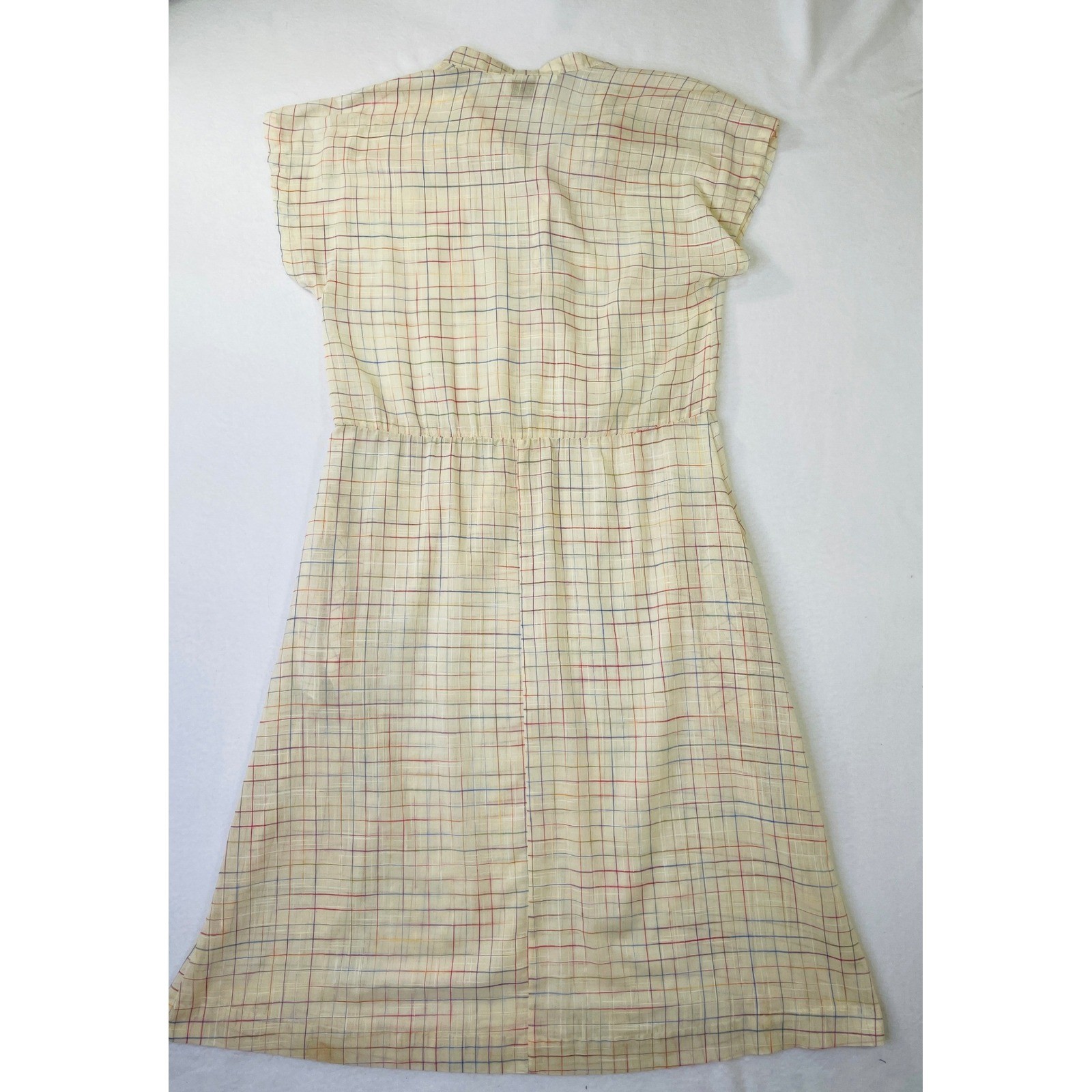Vintage JCPenney Fashions Plaid Dress Cream Multi Color Cap Sleeve Size 15/16