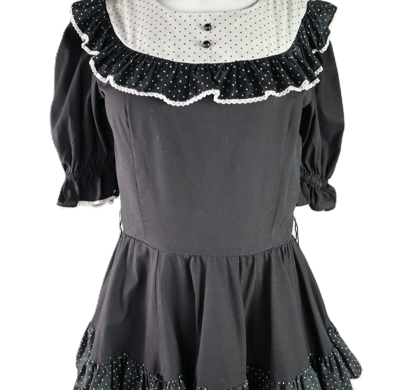 VTG 60s 70s Jeri Bee USA 0 2 XS Square Dance Prairie Polka Dot Knee Dress Black