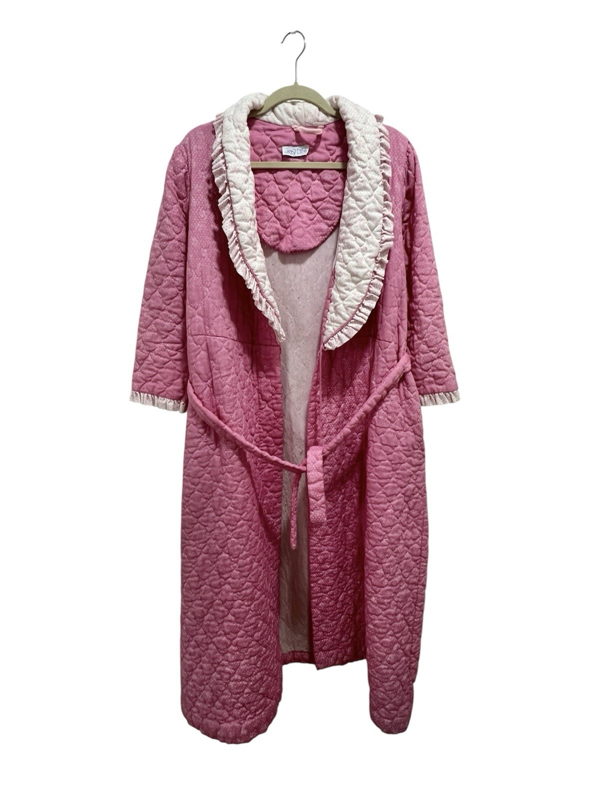 Vintage Quilted Lazy Life Pink and White Flowers Long Robe Belted with pockets