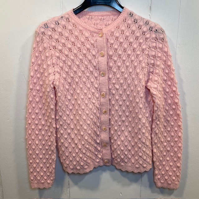 Vintage Handmade Pink Wavy Pineapple Textured Knit Button Cardigan Sweater Large