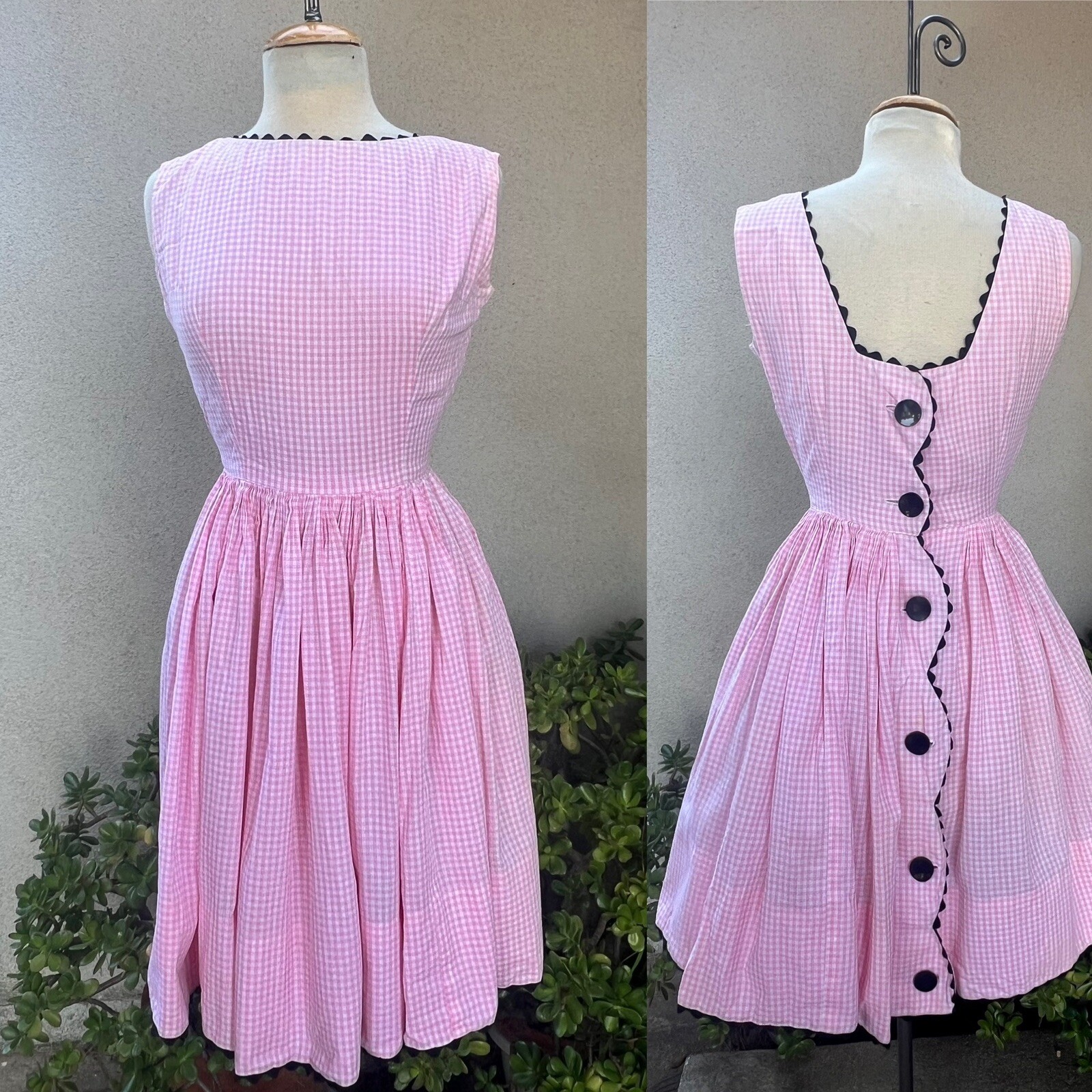 Vtg 60s Summer Dress Pink White Gingham Small Button Back