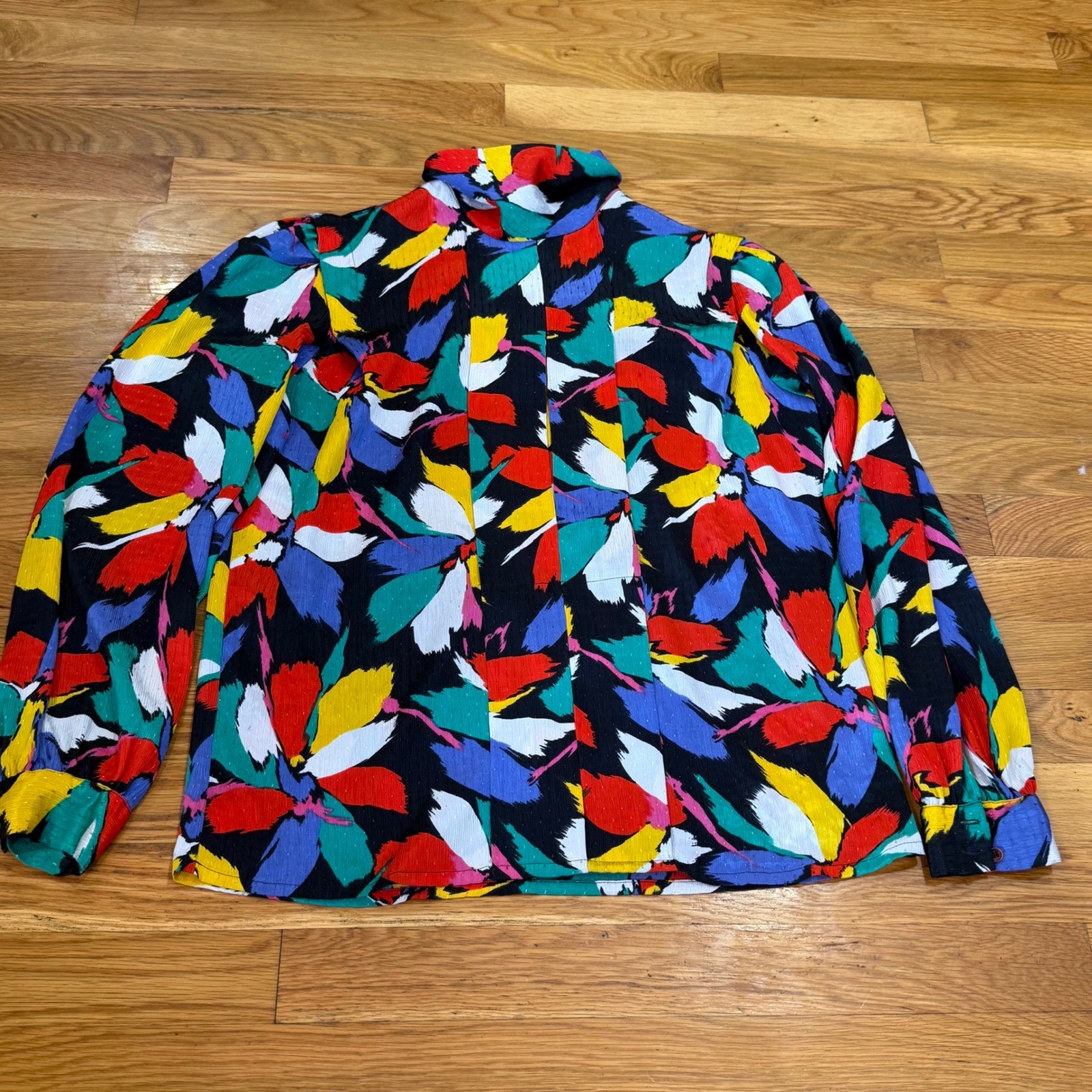 Vintage 80s Abstract Floral High Neck Blouse Multicolor Primary Color Art Top