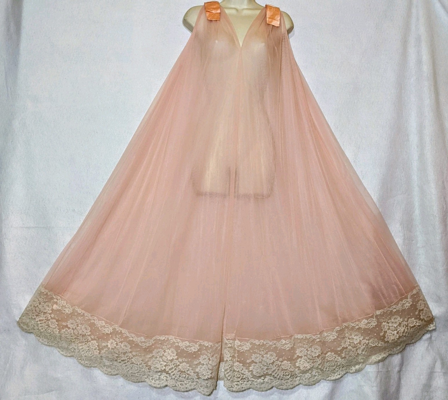 Vintage Double Layer Shear Chiffon Satin Bow Luxurious Lace Peignoir Robe M L XL