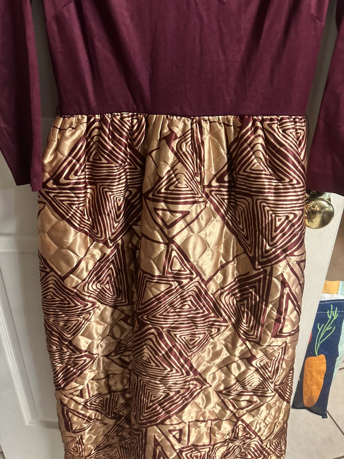 VNT 60s 70s Quilted Maxi Mod Hostess Dress House Red Burgundy Zip Med 36 Bust