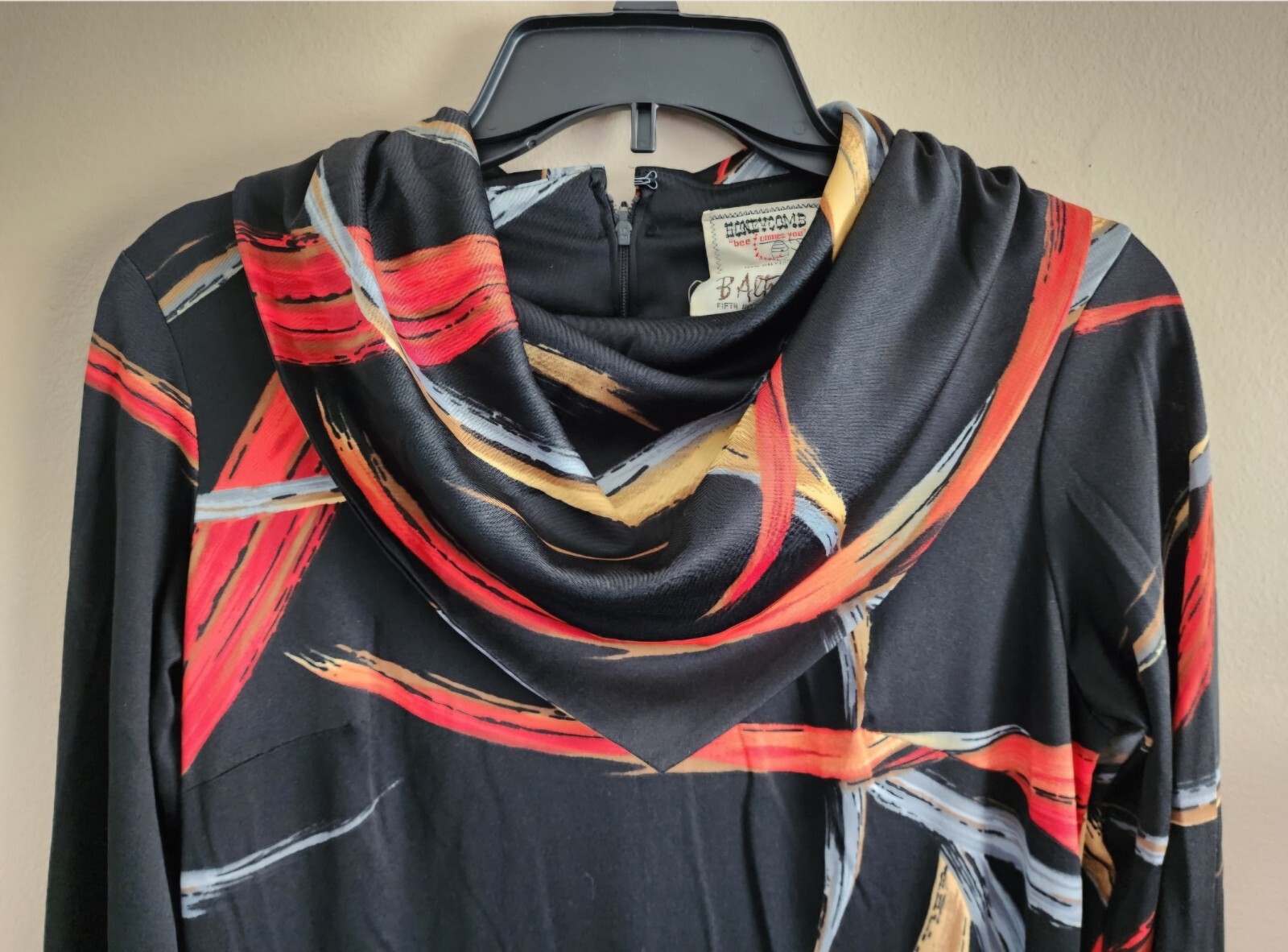 70&rsquo;s Long Dress, Abstract Pattern, Cowl Neck, Black, Red, ILGWU, 38&Prime; Bust