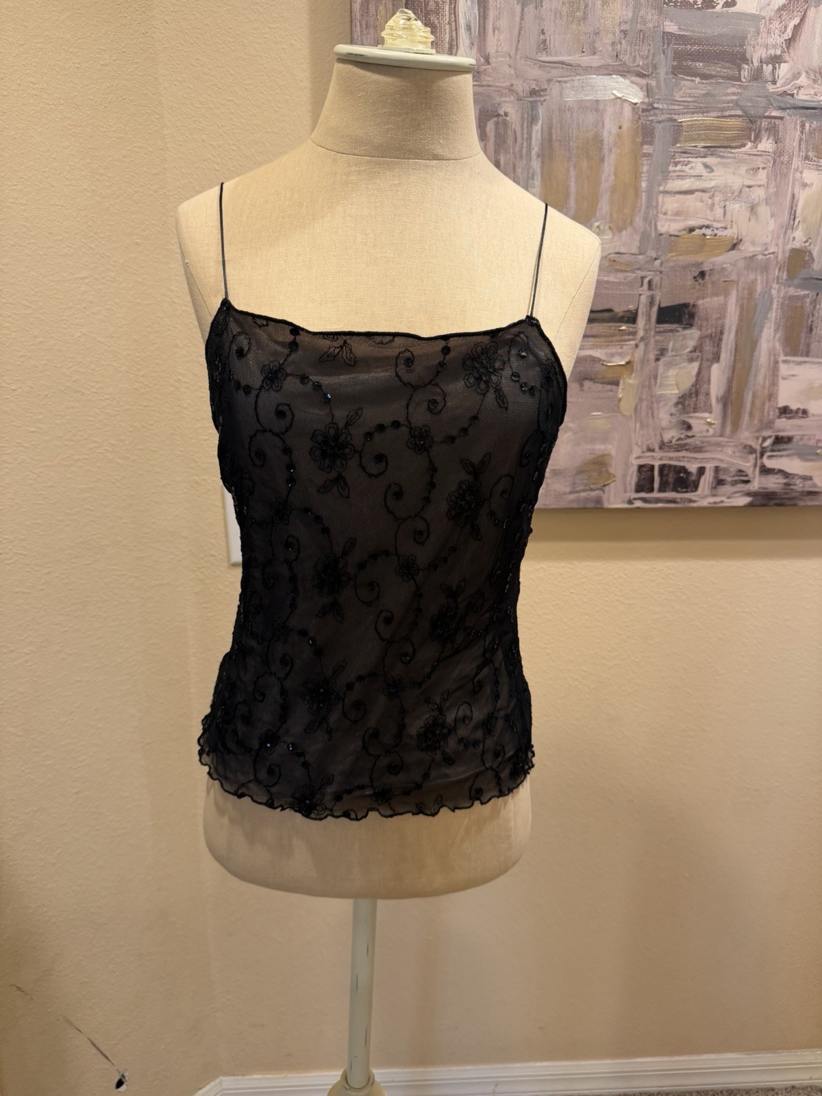 Vintage 90&rsquo;s Bebe Black Sheer Mesh Lined Sequin Floral Camisole Tank Top M