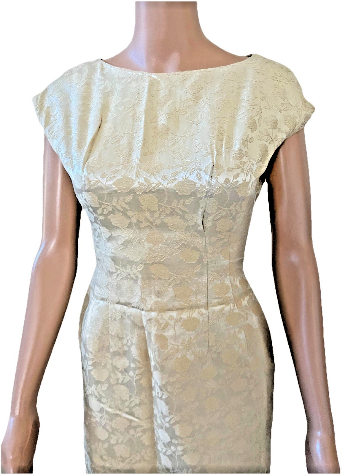 VTG 50s 2 Pc Fur Collar Crop Jacket & Ivory Damask Pencil Dress Suit Set Small**