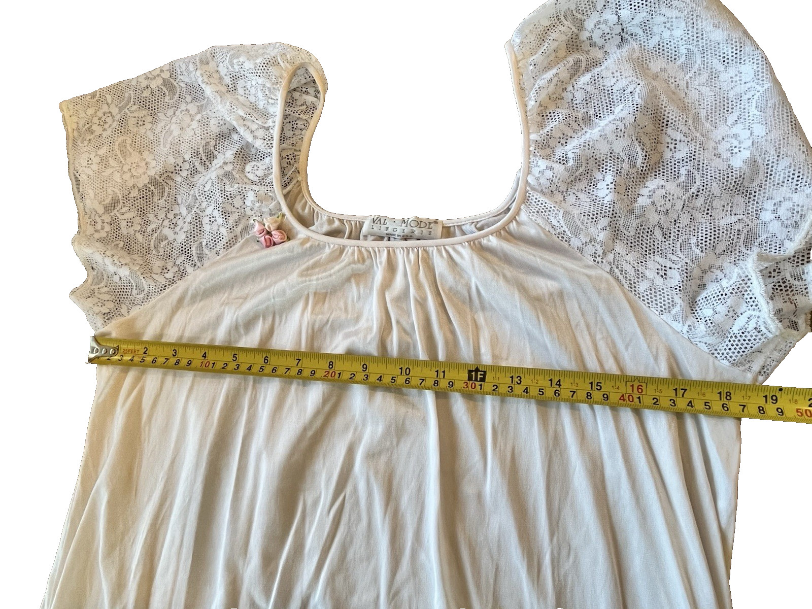 Vintage Val Mode Ivory Full-length Nightgown Lingerie with Puffy Lace Sleeves