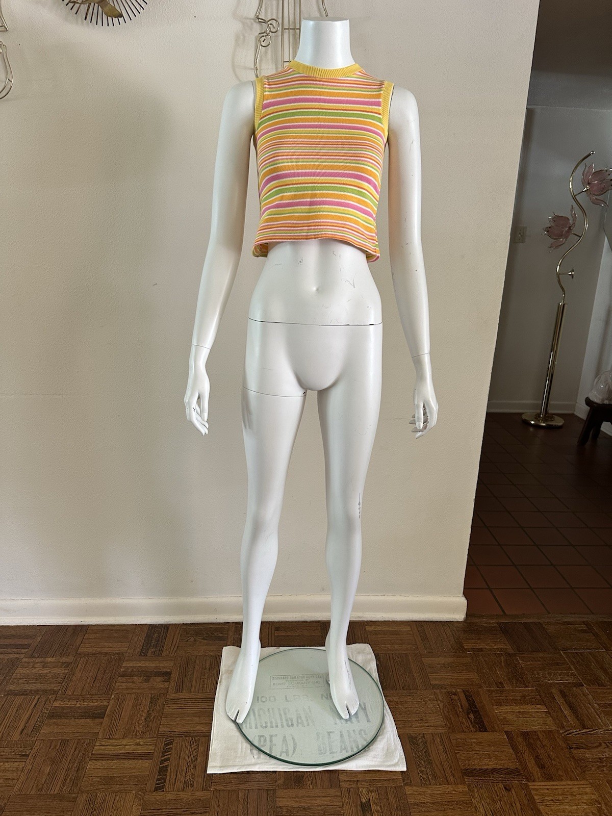 1960s 70s Stripe Knit Crop Tank Top Mod Resort Sportswear Surf Pink XS S VTG