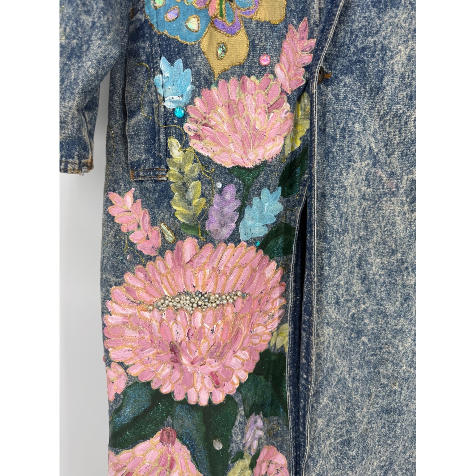 Vintage Fit America Womens Large Denim Trench Coat Hand Painted Floral Acid Wash