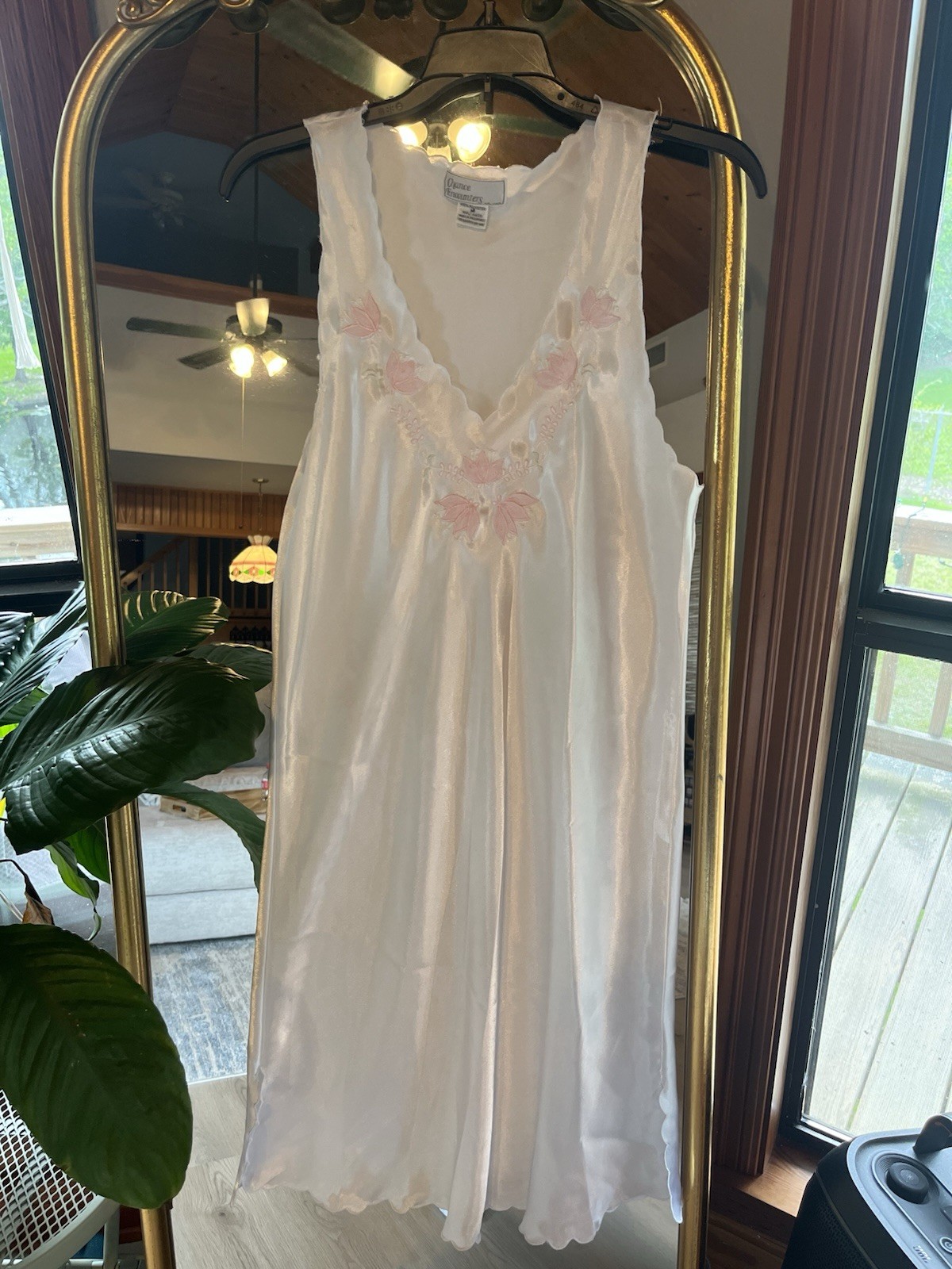 Vintage Chance Encounters Satin Lingerie Nightgown With Pink Flower Embroidery