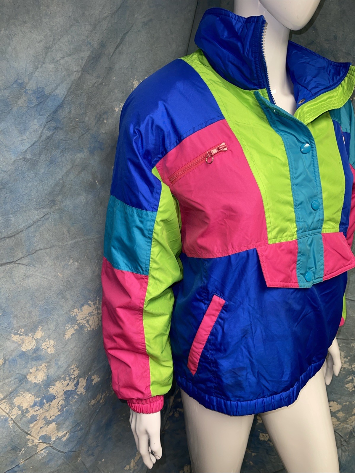 Vtg 1980s Women’s Pullover Ski Jacket Bright Color Block Neon Prima Futurski M/L