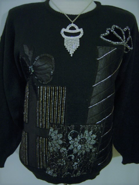 VINTAGE 80s GLAM BLACK SEQUIN SATIN LACE EMBELLISHED CHRISTMAS PRESENT SWEATER M