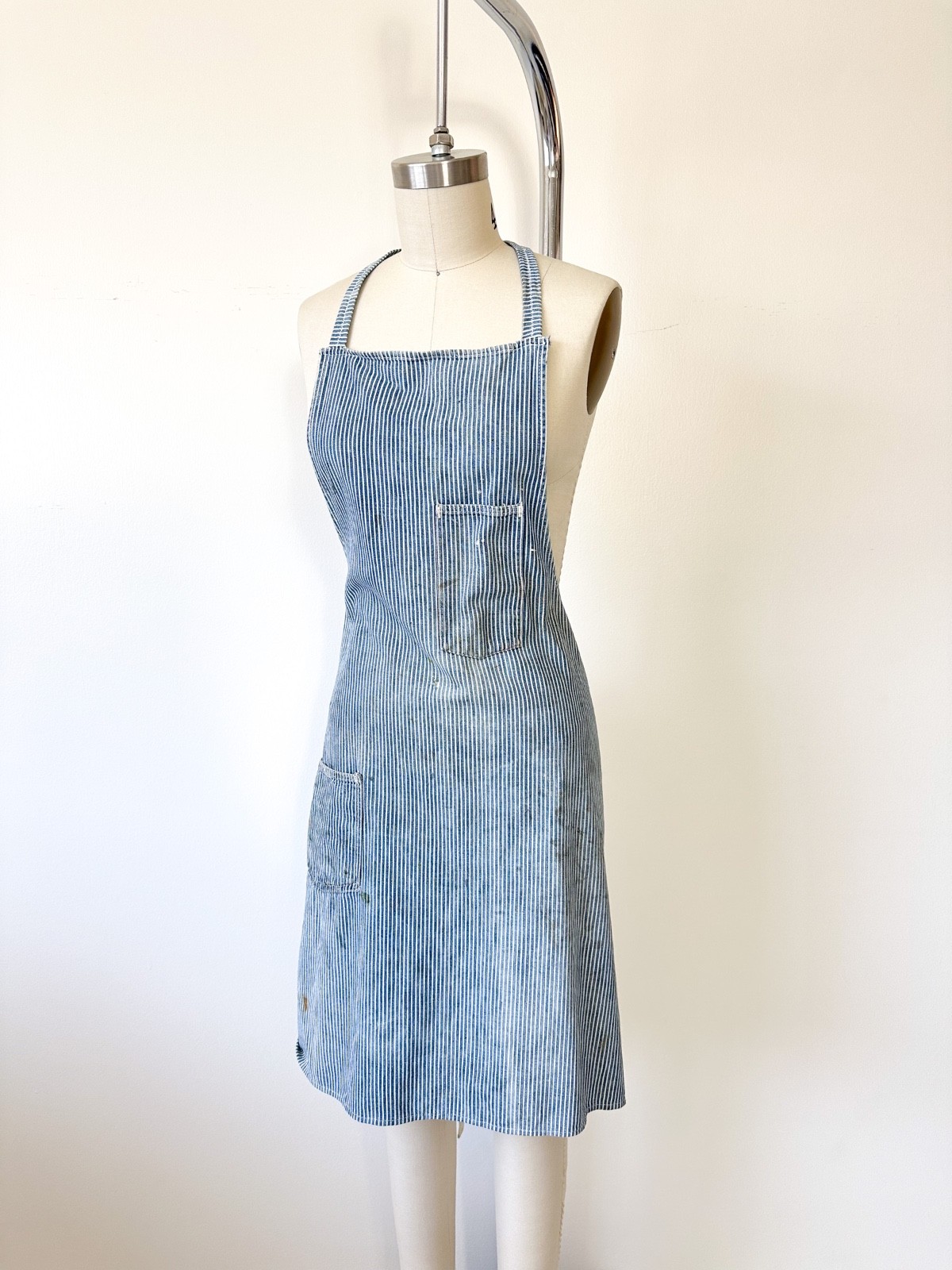Vintage 1960s Denim Striped Distressed Apron Utility Workwear as found