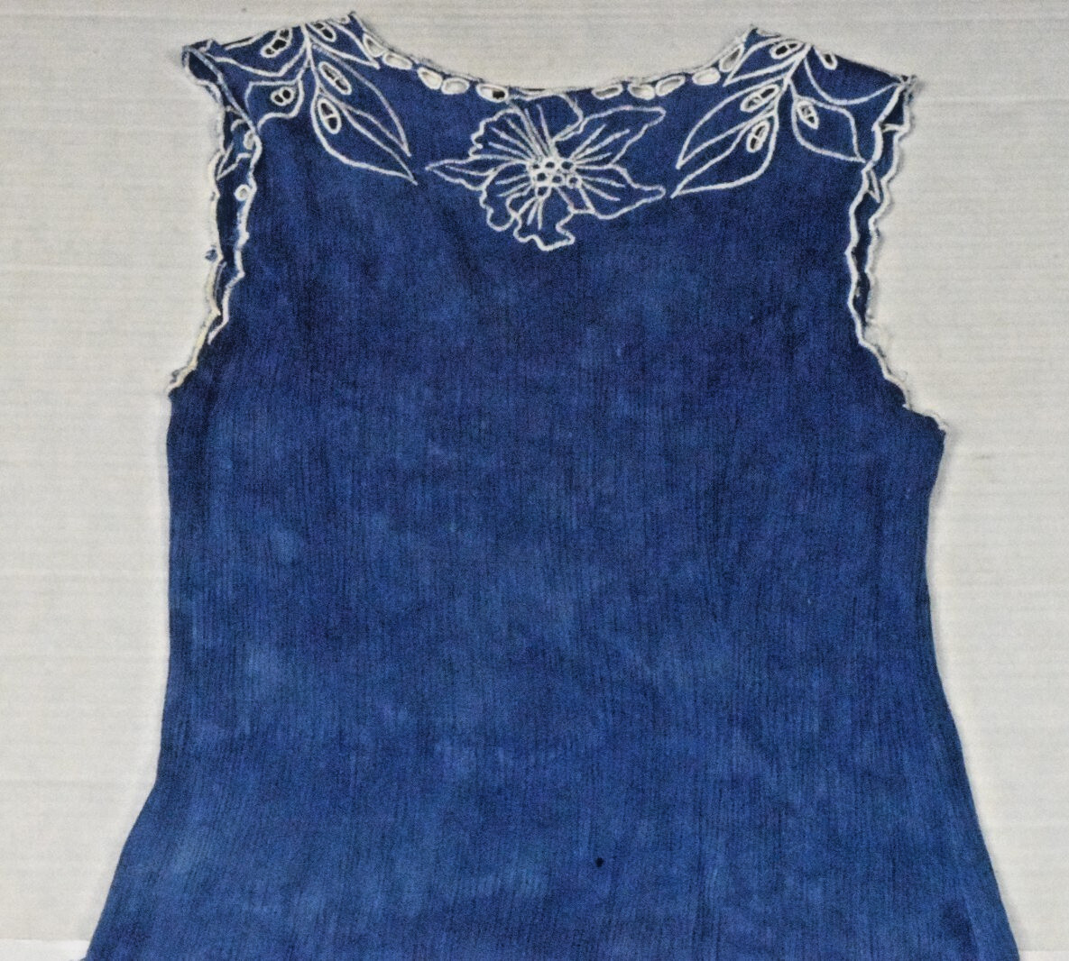 Vintage Dress Marcia and Me Size S 90s Ocean Blue Rayon Crinkle Embroidered Trim