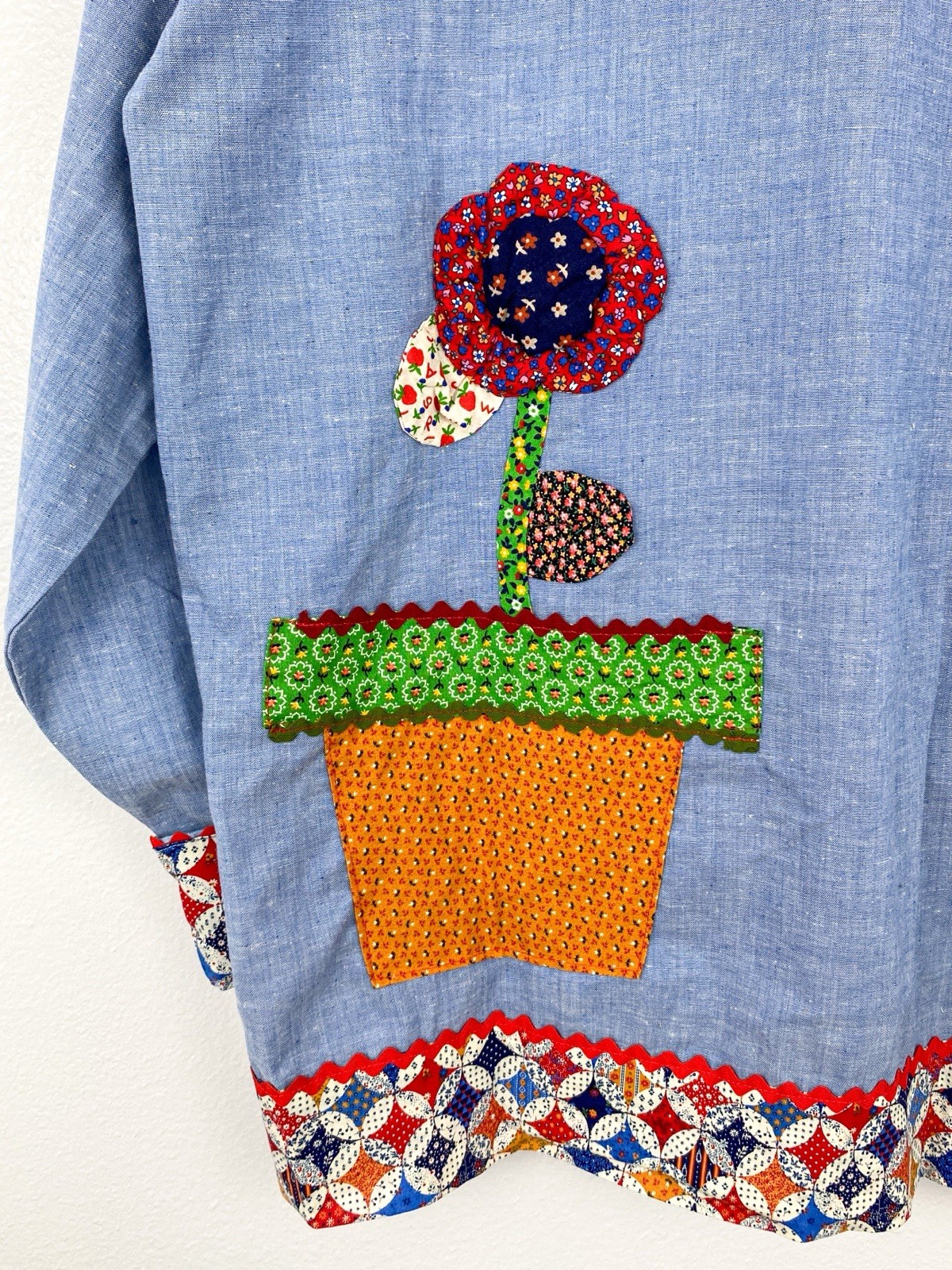 VTG 70s Chambray Patchwork Shirt Calico Flower Strawberry Applique RickRack L