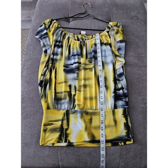Vintage Y2K Abstract Print Blouse Medium Yellow & Grey Retro Dolman Sleeve