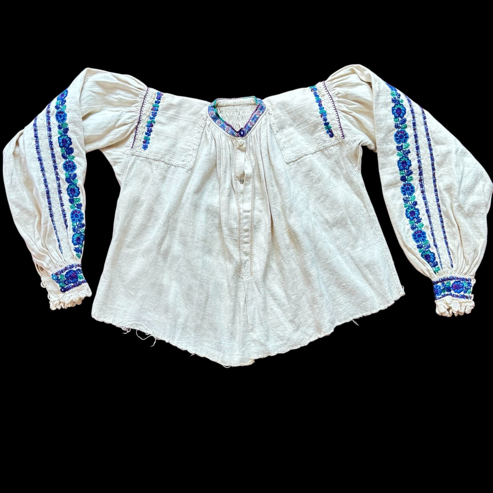 Vintage Romanian Homespun Linen Embroidered Traditional Folk Blouse Handmade