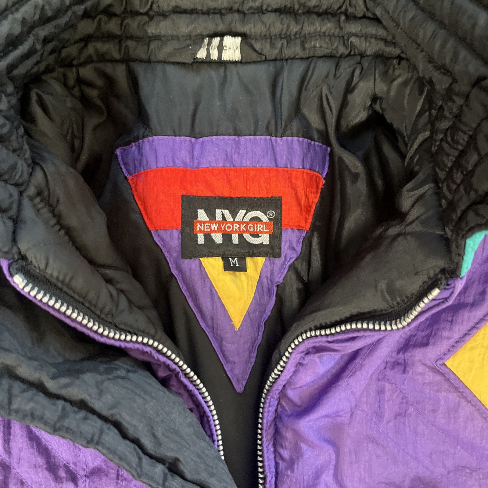 Ski Jacket Color Block Nylon Green Purple Pink New York Girl Size Medium VTG ‘80