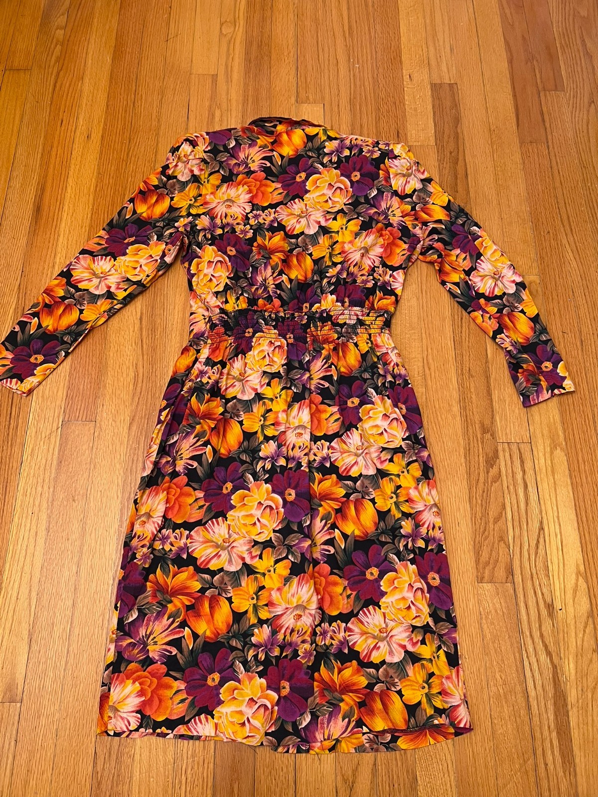 Vintage Special Effects Orange Floral Long Sleeve Dress Size 10, fits M or 6-8