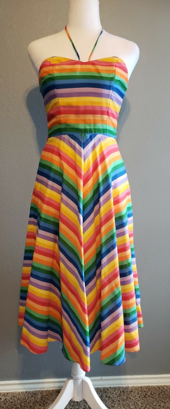 Vtg 60&rsquo;s Rainbow Chevron Stripe Mod Hippy Pride Sun Day Dress 3 XS S