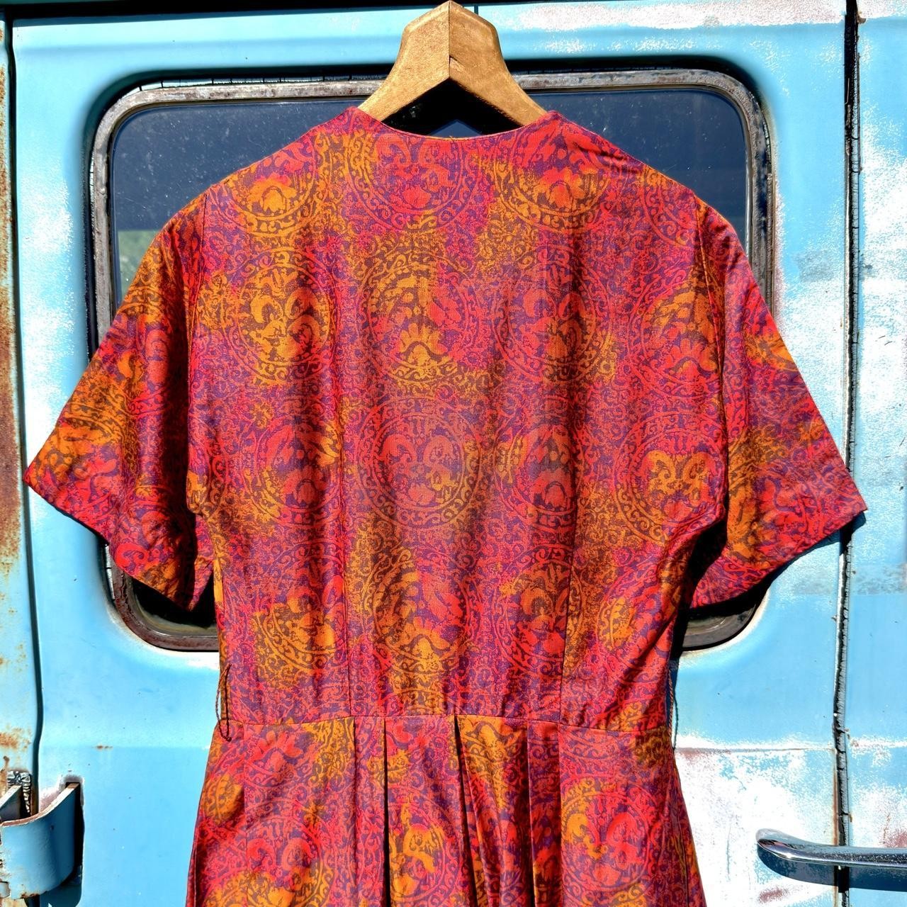 50s red & orange psychedelic medallion paisley silk cotton cocktail dress