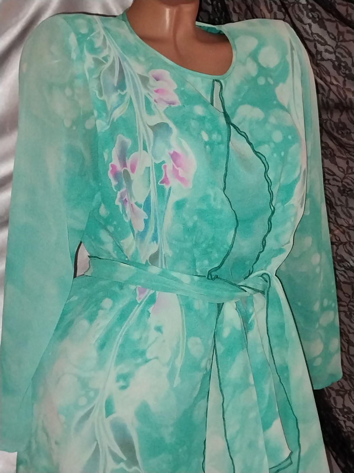VTG SILK YOLANDA LORENTE HAND PAINTED FLORAL seafoam LAYERS SKIRT BLOUSE L 44