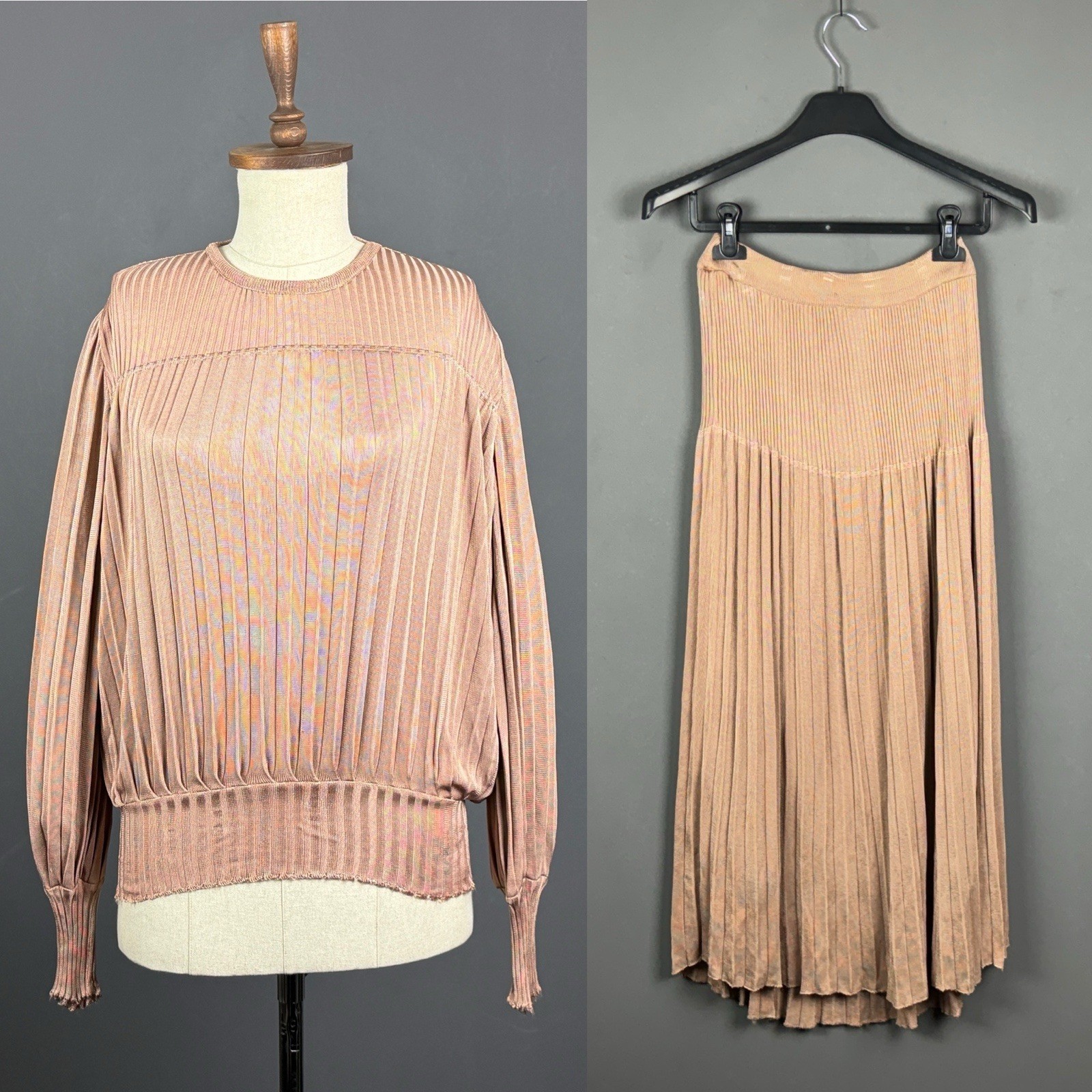 LAURA APONTE 50&rsquo;s 60&rsquo;s Beige Pleated Ruffled Viscose Suit Skirt Top Size 44