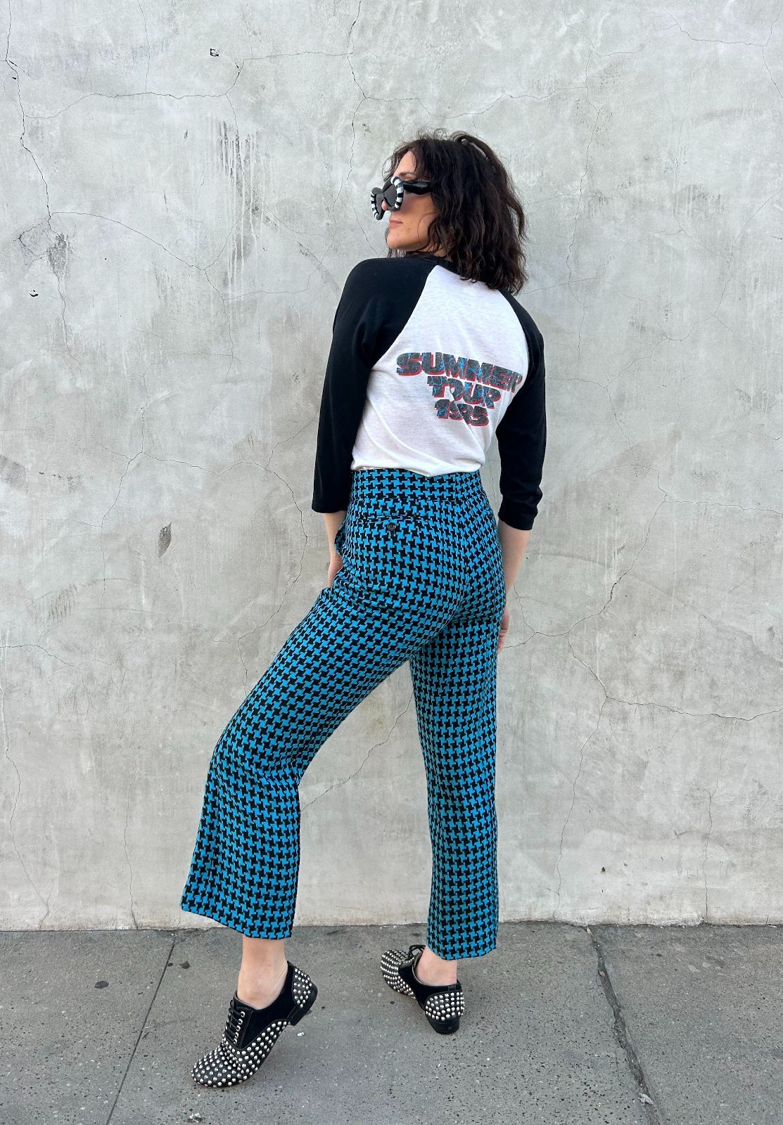 Comme Des Garcon 1990S CHUNKY WOVEN HOUNDSTOOTH & CAMO LIGHT FLARE TROUSERS Blue