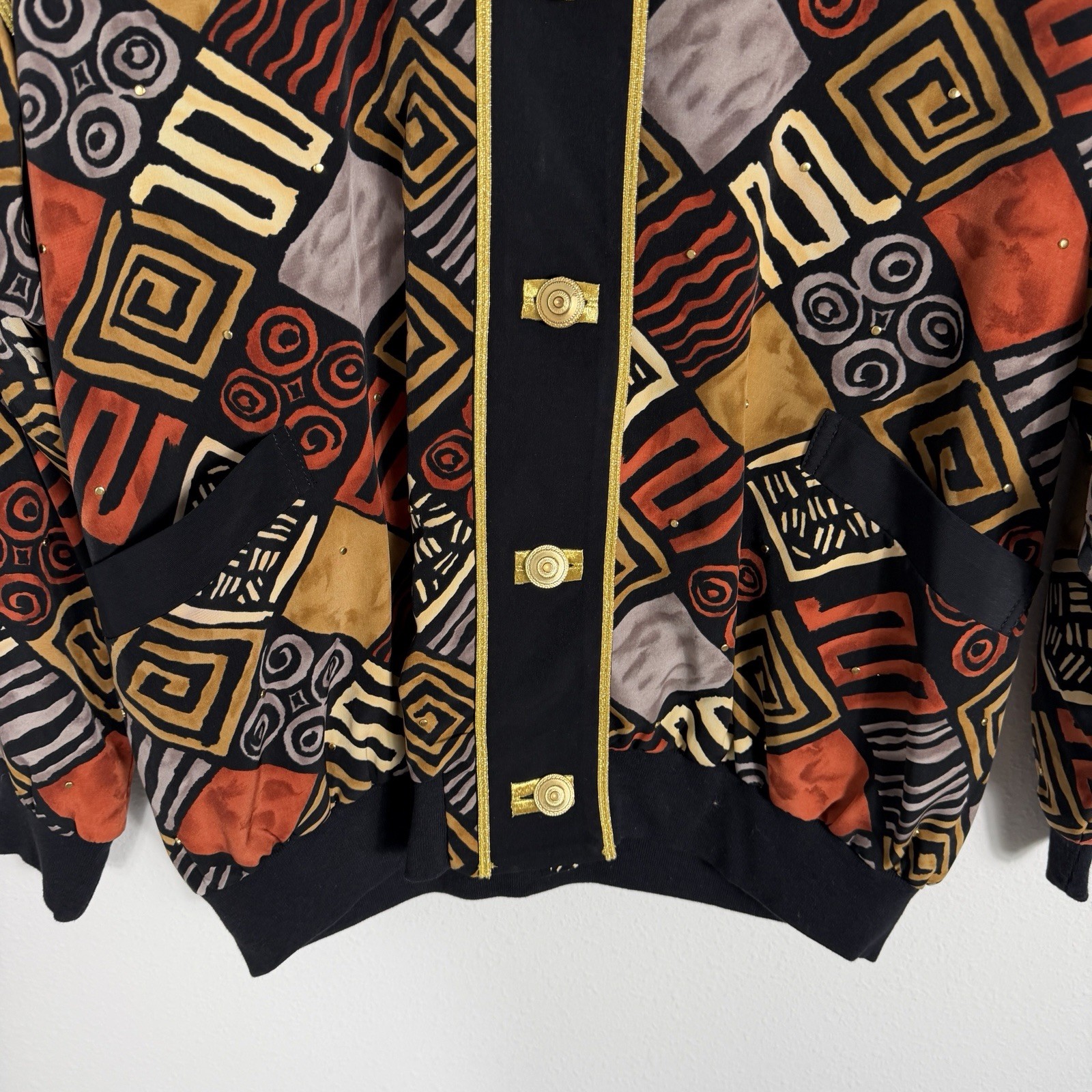 Vintage 90s Cache Geometric Abstract Artsy Gold Trim Bomber Jacket Women’s Large