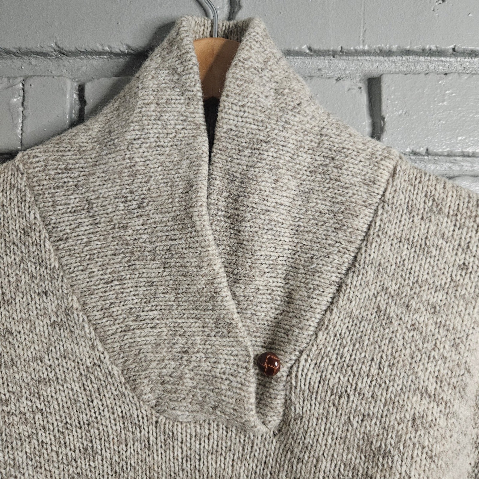 LL Bean Vintage Wool Shawl Collar Sweater Womens XL Oatmeal Tan USA 4669