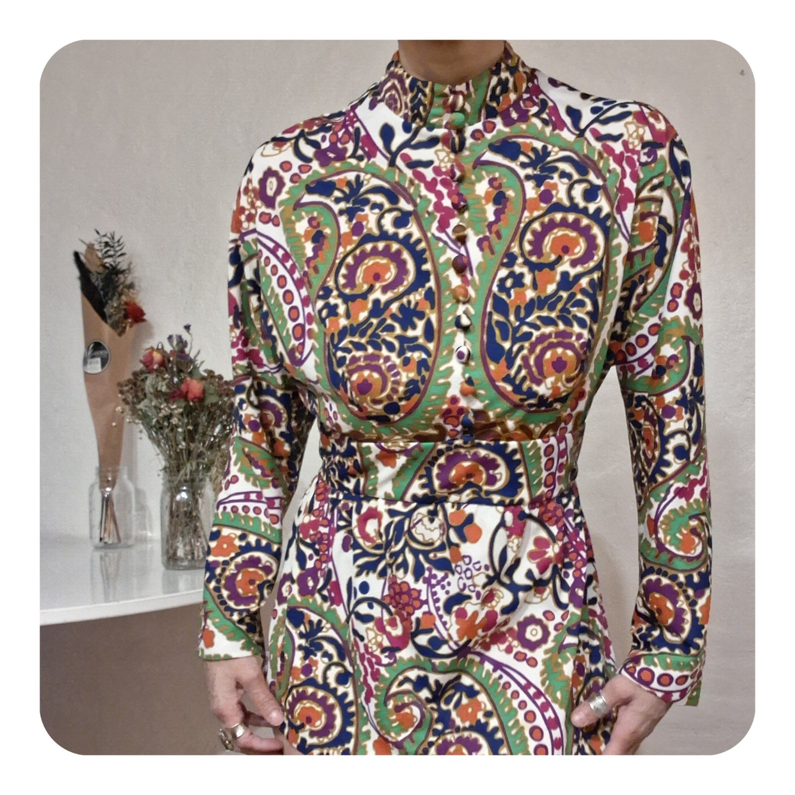 Vintage 70s Psychedelic Paisley Top Mock Neck Long Sleeve Mod Hippie Blouse