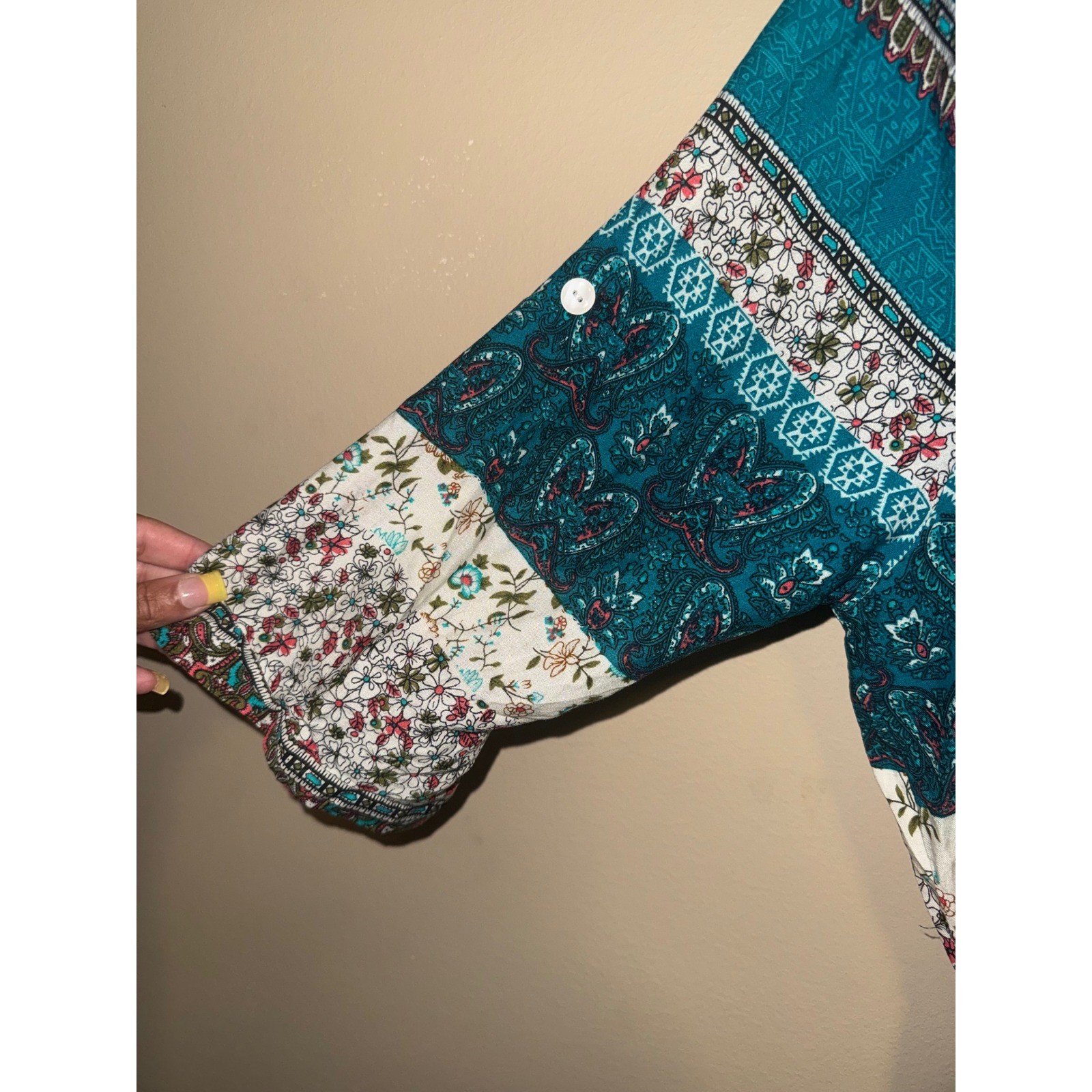 Womens Teal Floral Patchwork Boho Button Front Maxi Dress XXL Drawstring Artsy