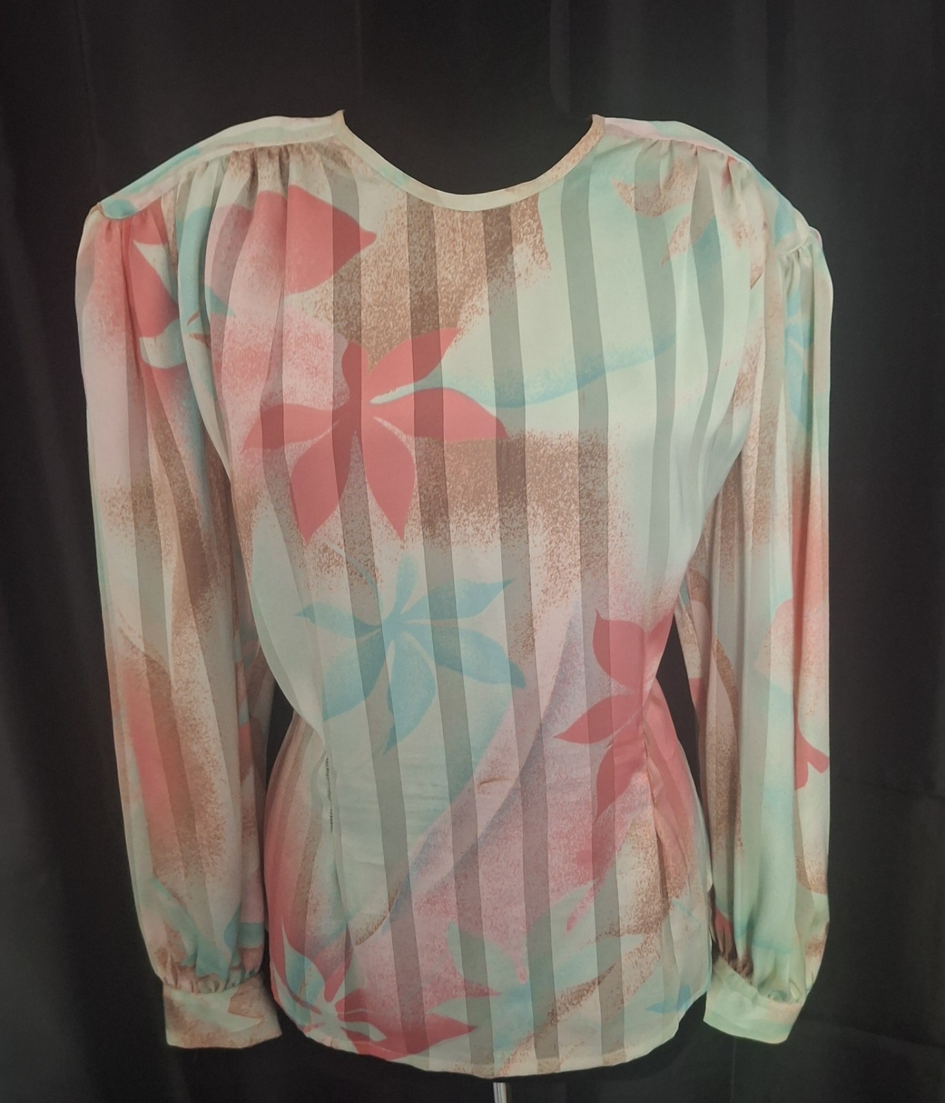 Vtg 80s Tess abstract pastel floral sheer fitted top big puff long sleeves sz 10