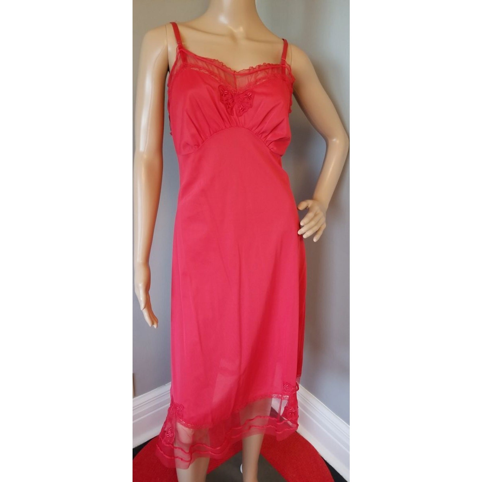 50s Mojud Red Nylon Slip Sheer Bust Hem Full Slip Size – M 36