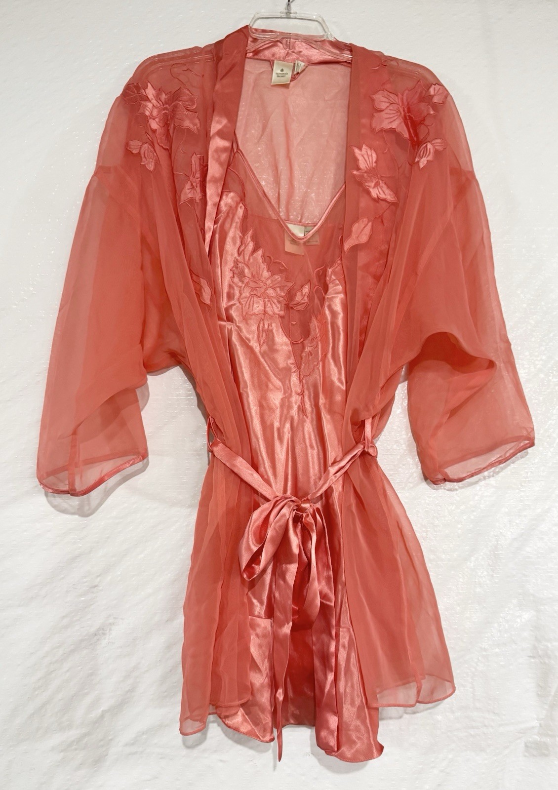 VTG Victoria Secret Coral Peach Slip Dress Robe Gold Tag Peignoir Set Sz L