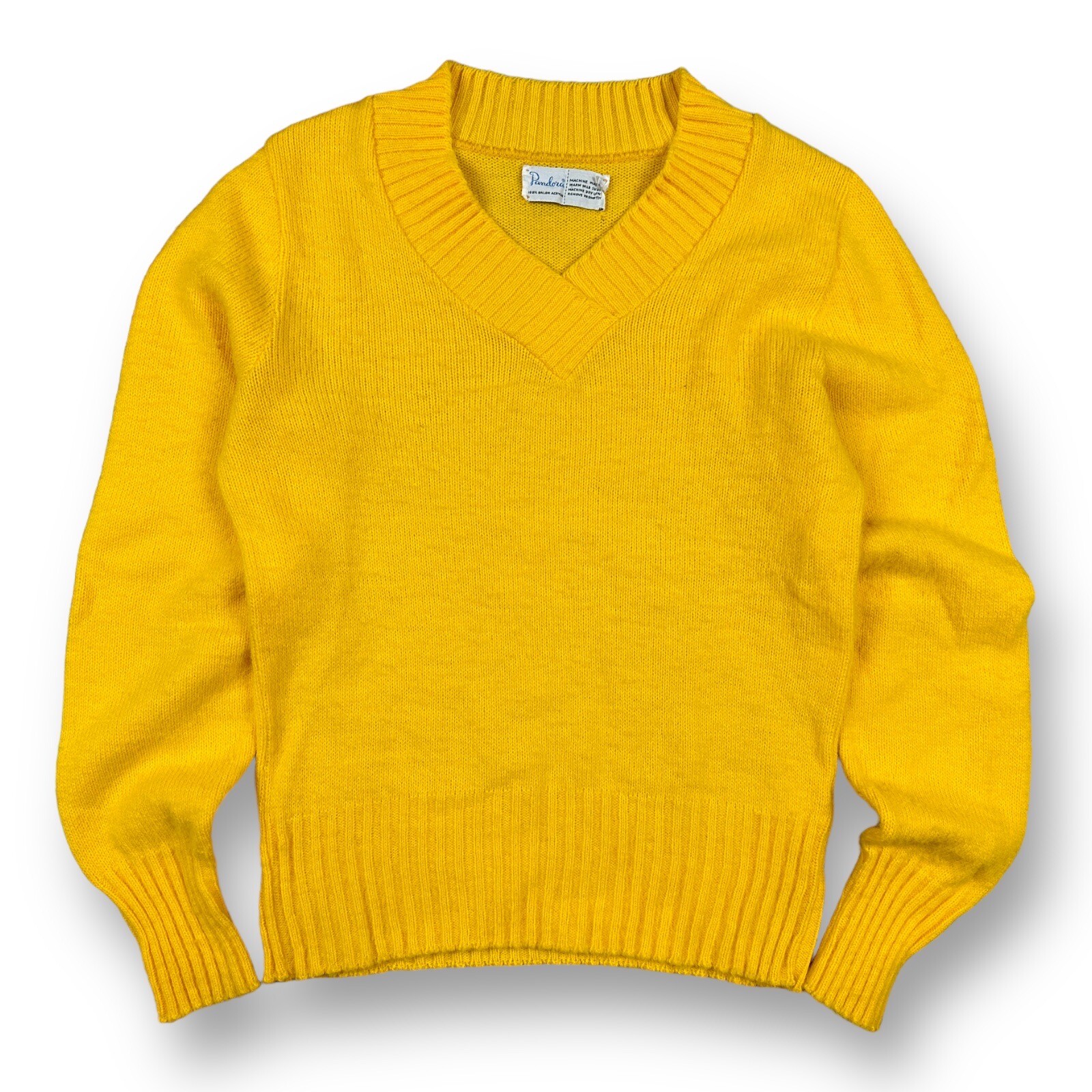 Vintage 60s Pandora Solid Bright Yellow V Neck Cottagecore Go Go Pop Sz Small