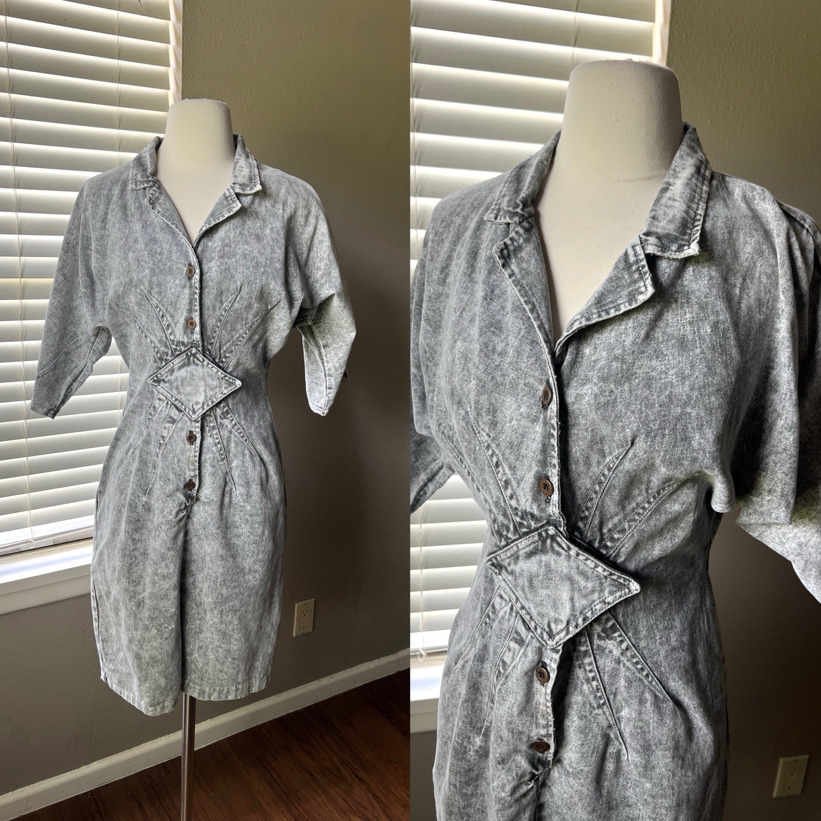 Vintage Champagne West Dress Size 7/8 Gray Acid Wash Denim Dolman USA 80s 90s